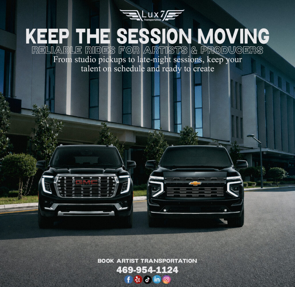 Dallas Recording Studio Transportation by Lux 7 Transportation featuring a black GMC Yukon XL Denali and Chevrolet Suburban for artists, music producers, and late-night studio sessions.