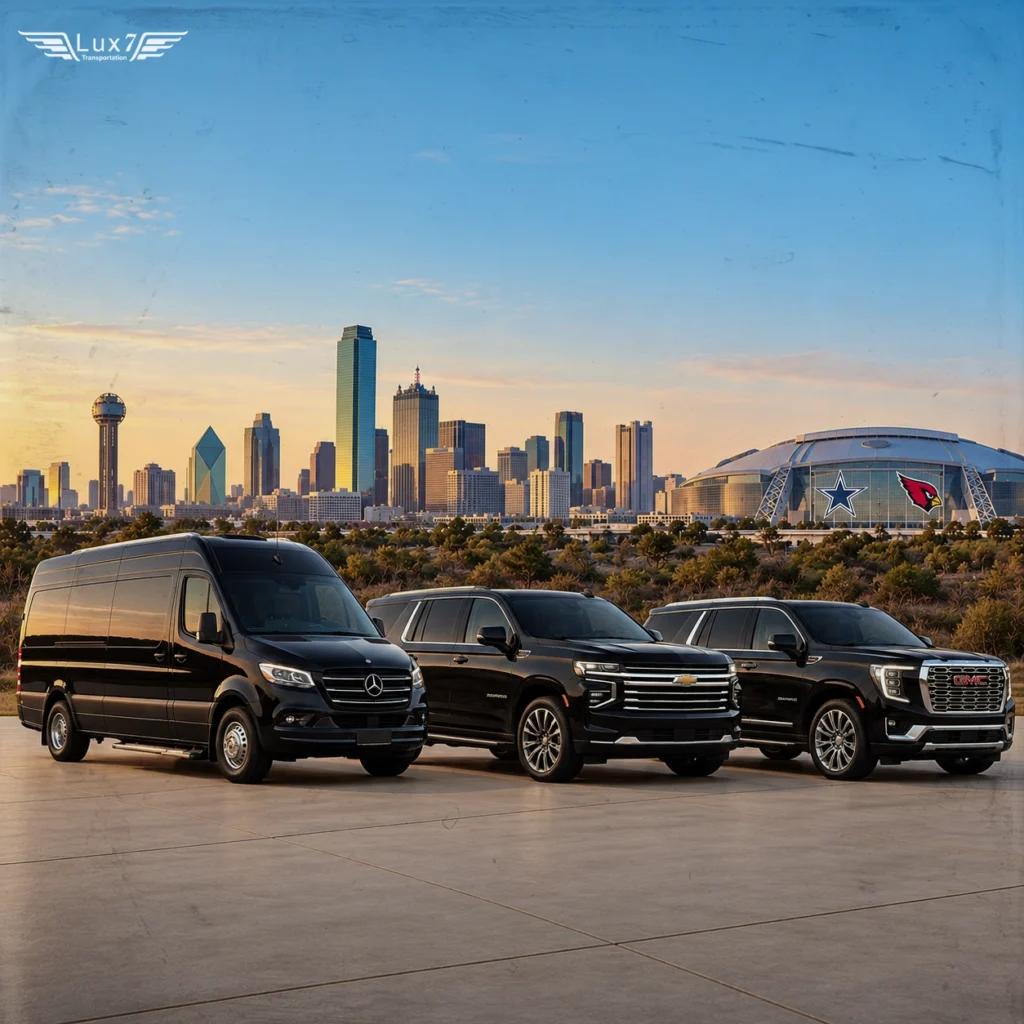 Enjoy game day with Lux 7 Transportation: Cowboys vs Cardinals flyer featuring a black Sprinter, two SUVs, and an AT&T Stadium montage.