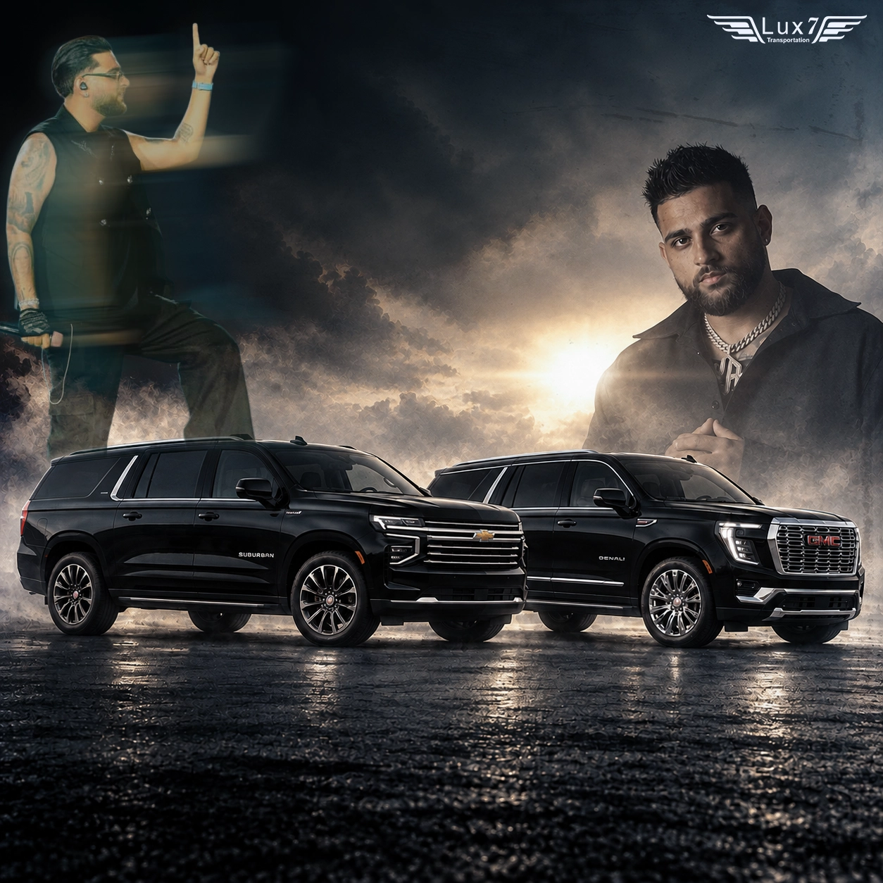 Karan Aujla promotional collage with two black SUVs and the Lux 7 Transportation logo