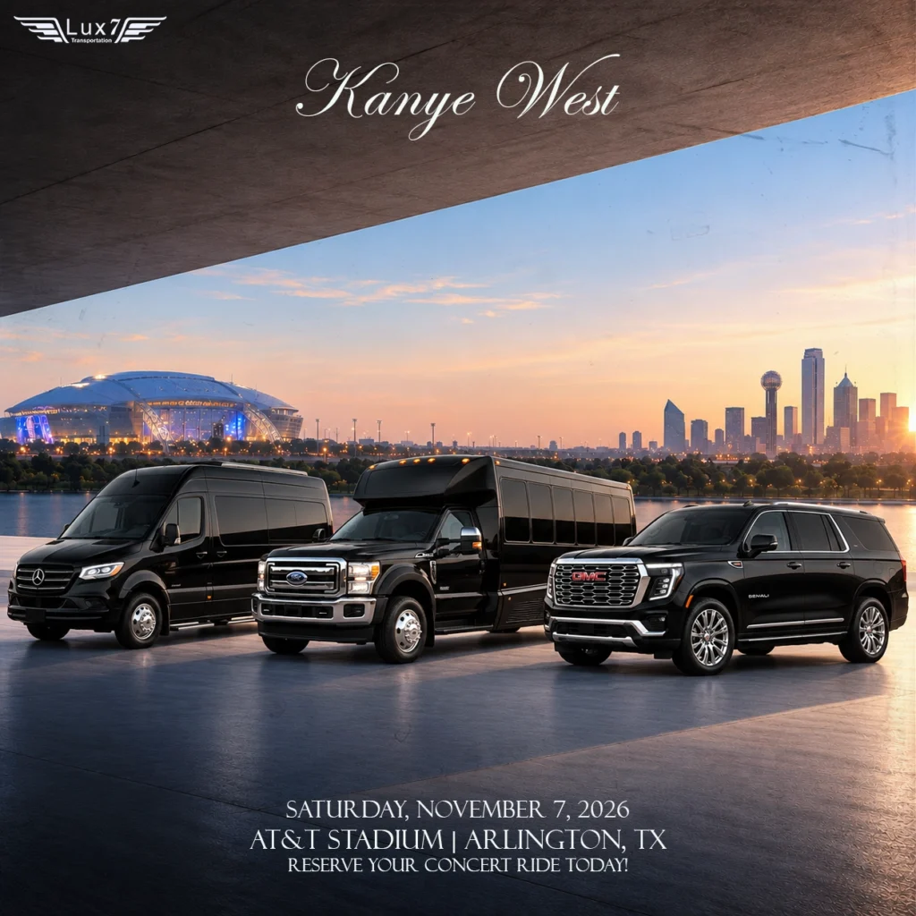 Ye Live in Dallas 2026 concert transportation by Lux 7 Transportation featuring luxury SUVs, Mercedes-Benz Sprinter and executive mini bus for AT&T Stadium.
