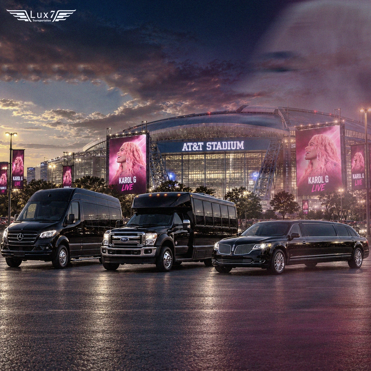 Karol G live at AT&T Stadium Arlington Texas October 15 2026, luxury concert transportation by Lux 7 Transportation featuring executive Sprinter, group shuttle and black stretch limousine.